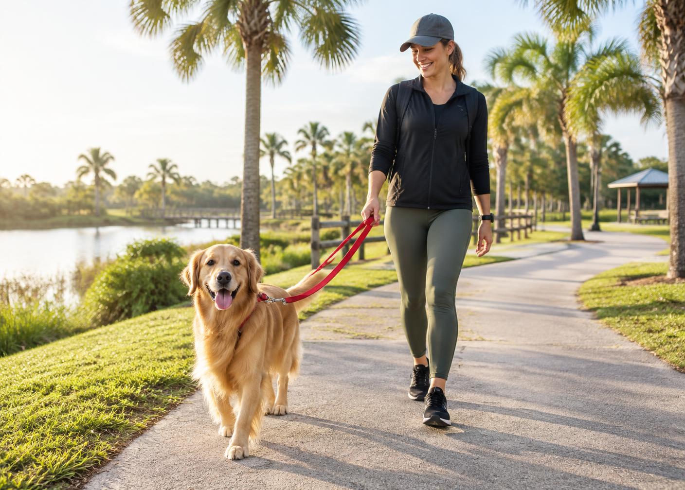 Golden retriever on a morning dog walk through a palm-lined Estero park