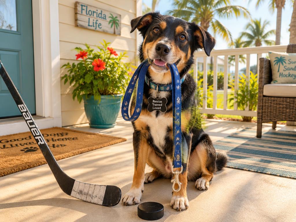 Rescue dog holding a leash next to a hockey stick and puck